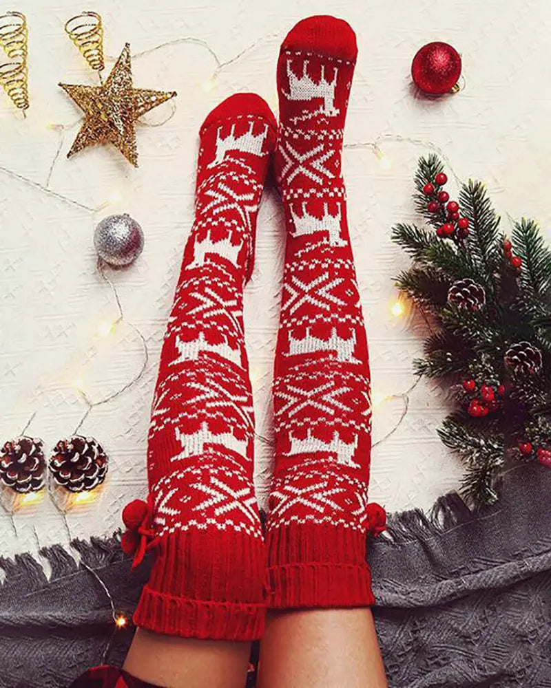 1Pair Christmas Elk Snowflake Print Pom Pom Socks