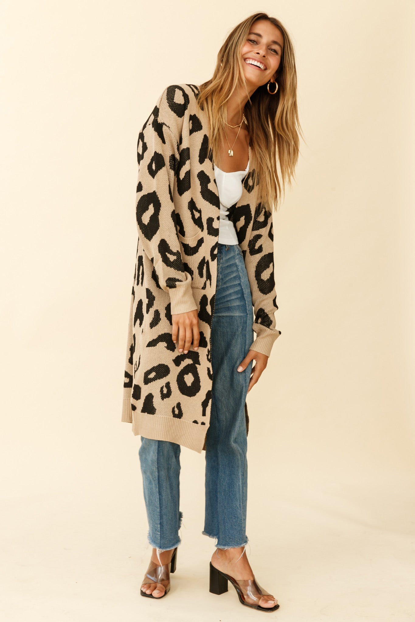 LONGLINE POCKET KNIT CARDIGAN ANIMAL PRINT BROWN