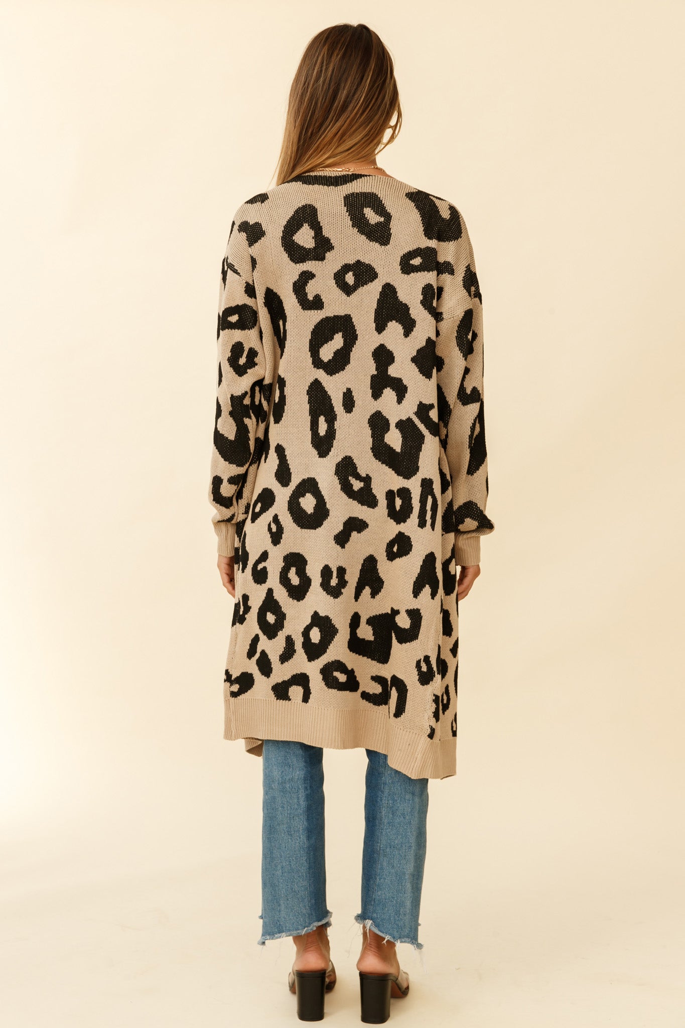 LONGLINE POCKET KNIT CARDIGAN ANIMAL PRINT BROWN