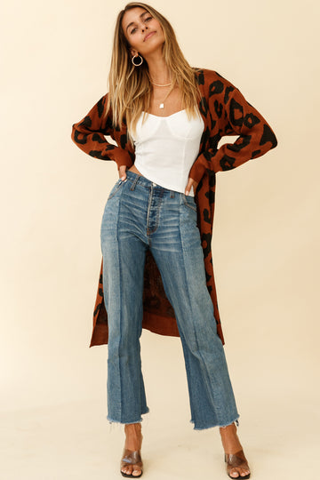 LONGLINE POCKET KNIT CARDIGAN ANIMAL PRINT BROWN
