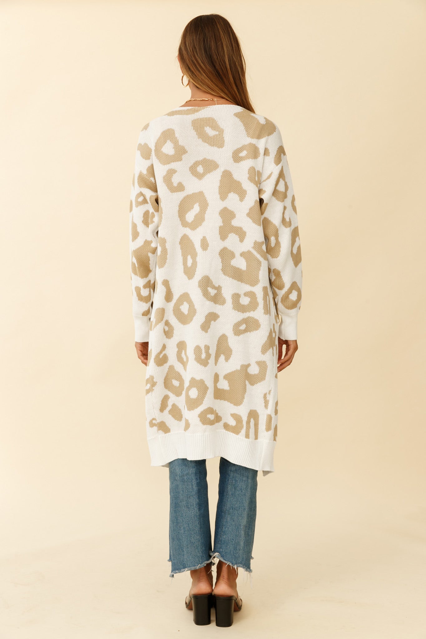 LONGLINE POCKET KNIT CARDIGAN ANIMAL PRINT BROWN