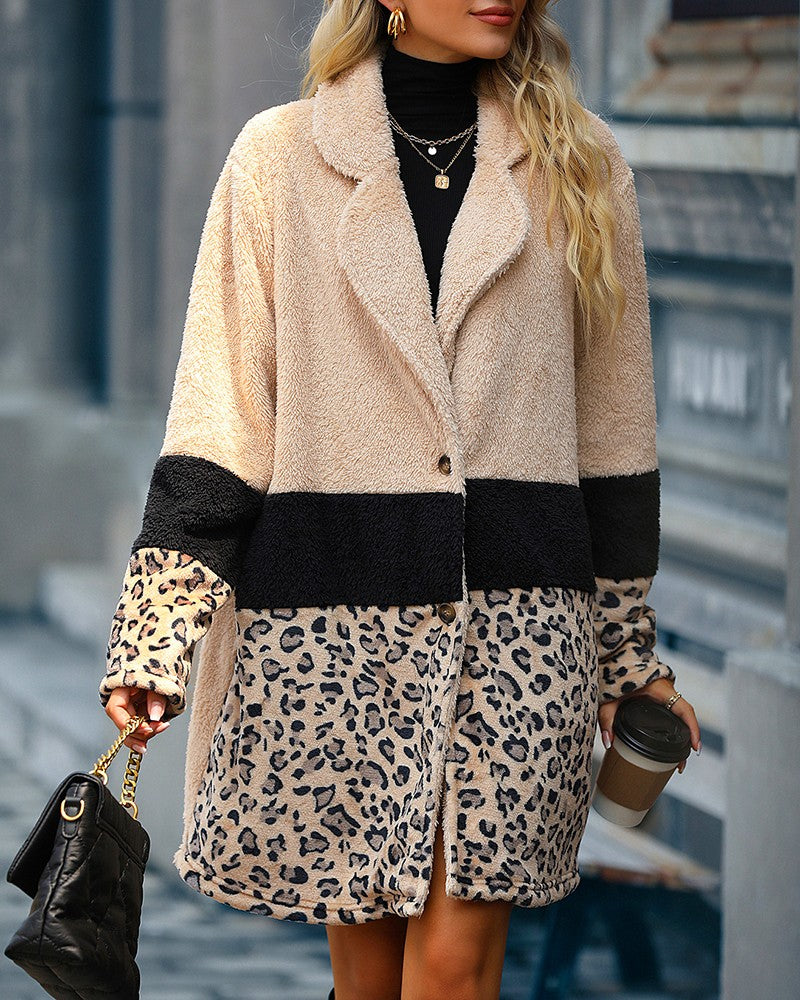 Women's Cheetah Pattern Colorblock Fuzzy Overcoat
