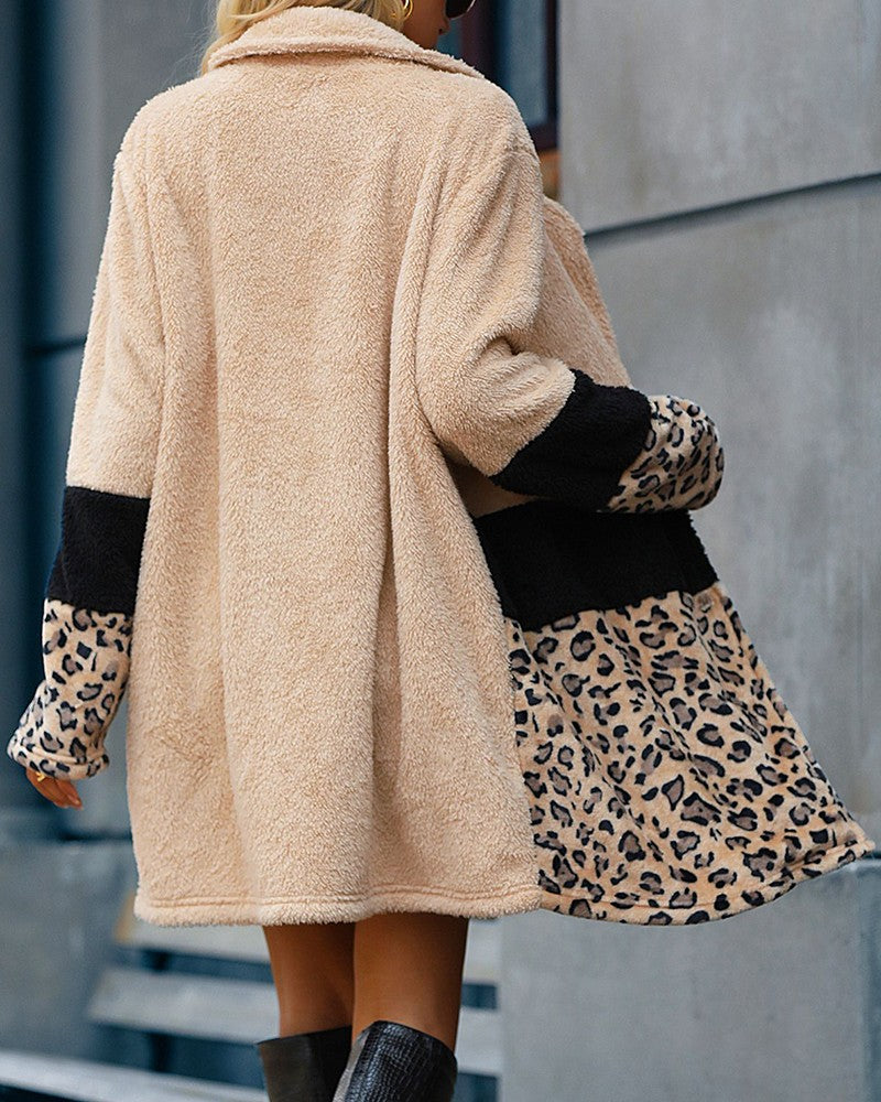 Women's Cheetah Pattern Colorblock Fuzzy Overcoat