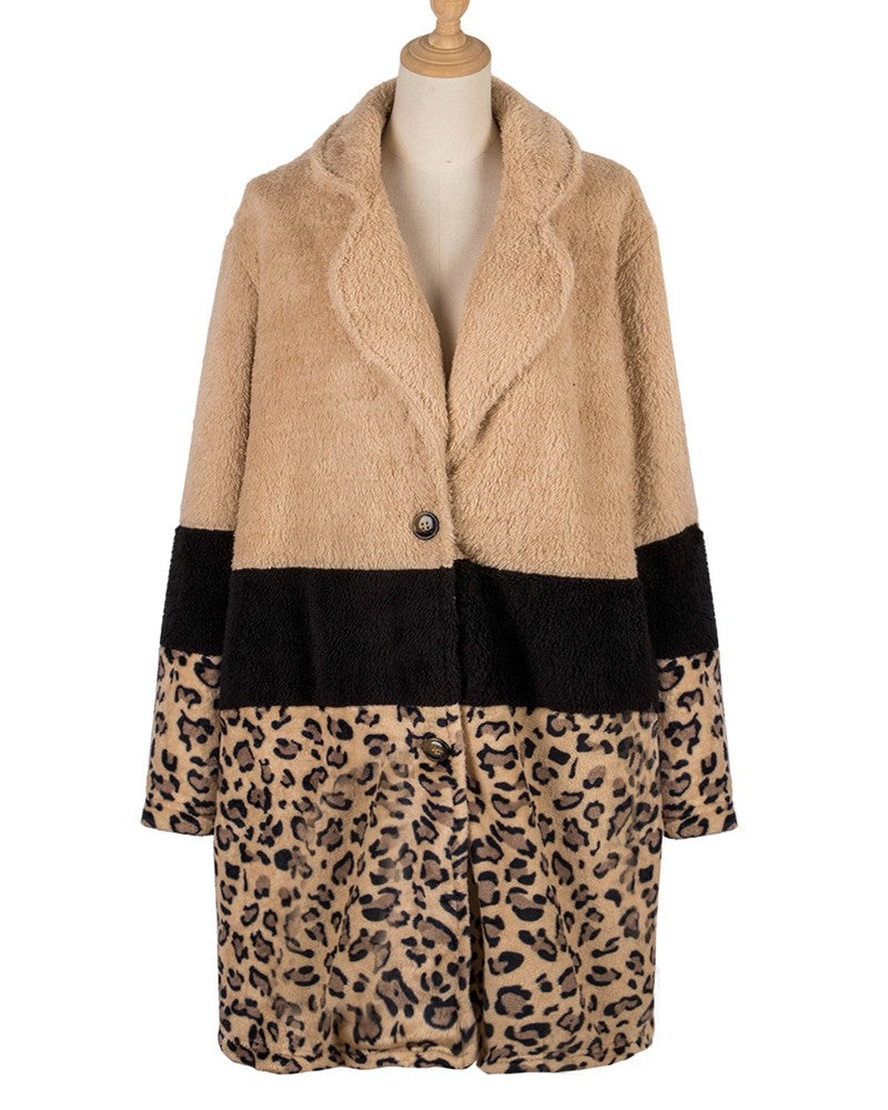 Women's Cheetah Pattern Colorblock Fuzzy Overcoat