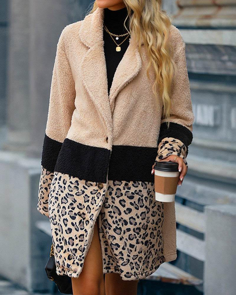 Women's Cheetah Pattern Colorblock Fuzzy Overcoat