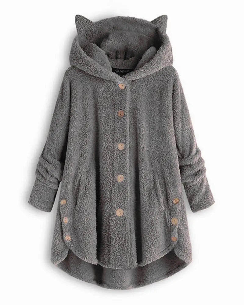 Long Sleeve Button Design 3D Cat Hooded Teddy Coat