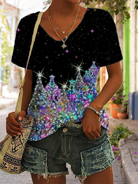 Women's Christmas Glitter Print V-Neck Casual T-Shirt
