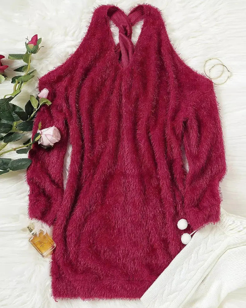 Women's Fluffy Cold Shoulder Long Sleeve Dress Red