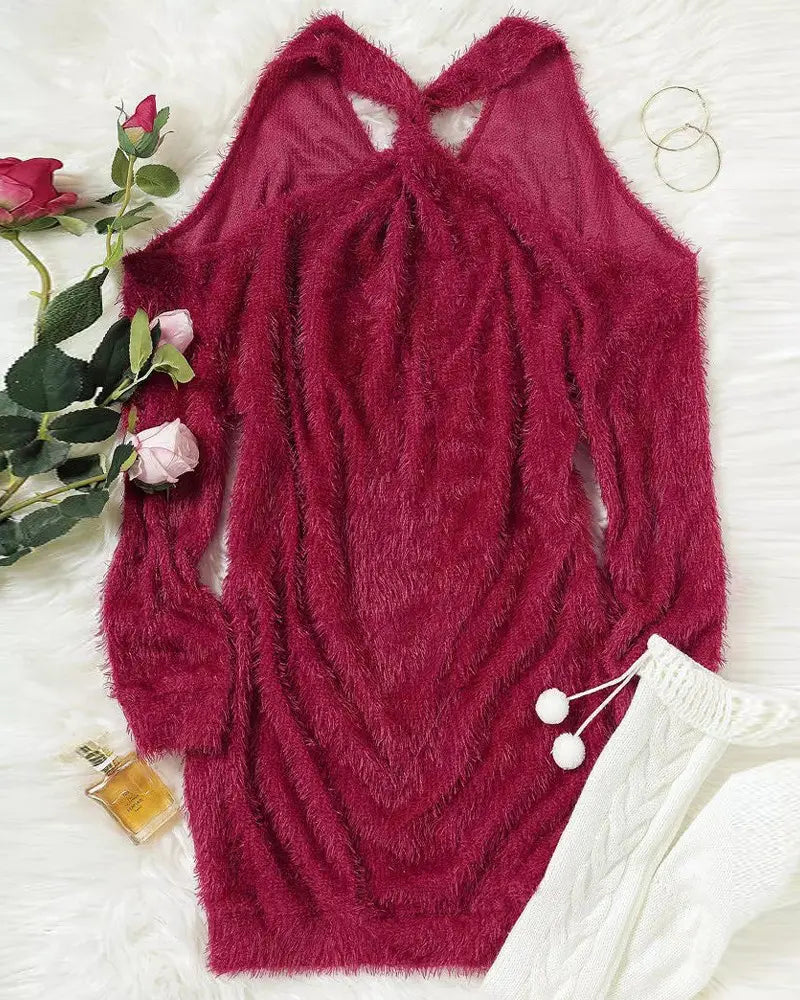 Women's Fluffy Cold Shoulder Long Sleeve Dress Red