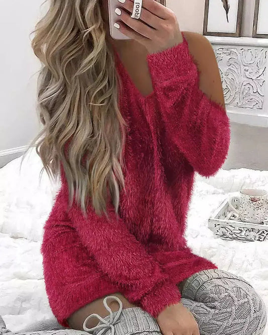 Women's Fluffy Cold Shoulder Long Sleeve Dress Red