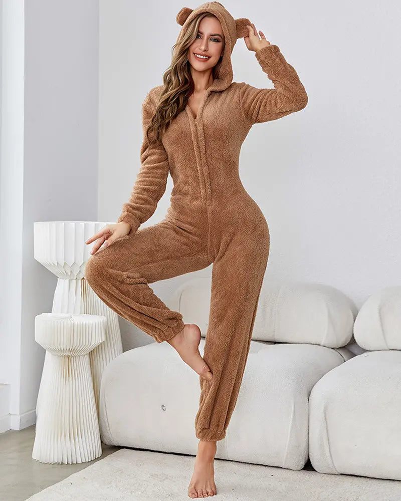 3D Ear Zipper Front Hooded Fluffy Lounge Jumpsuit