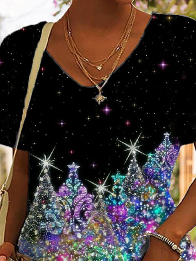 Women's Christmas Glitter Print V-Neck Casual T-Shirt