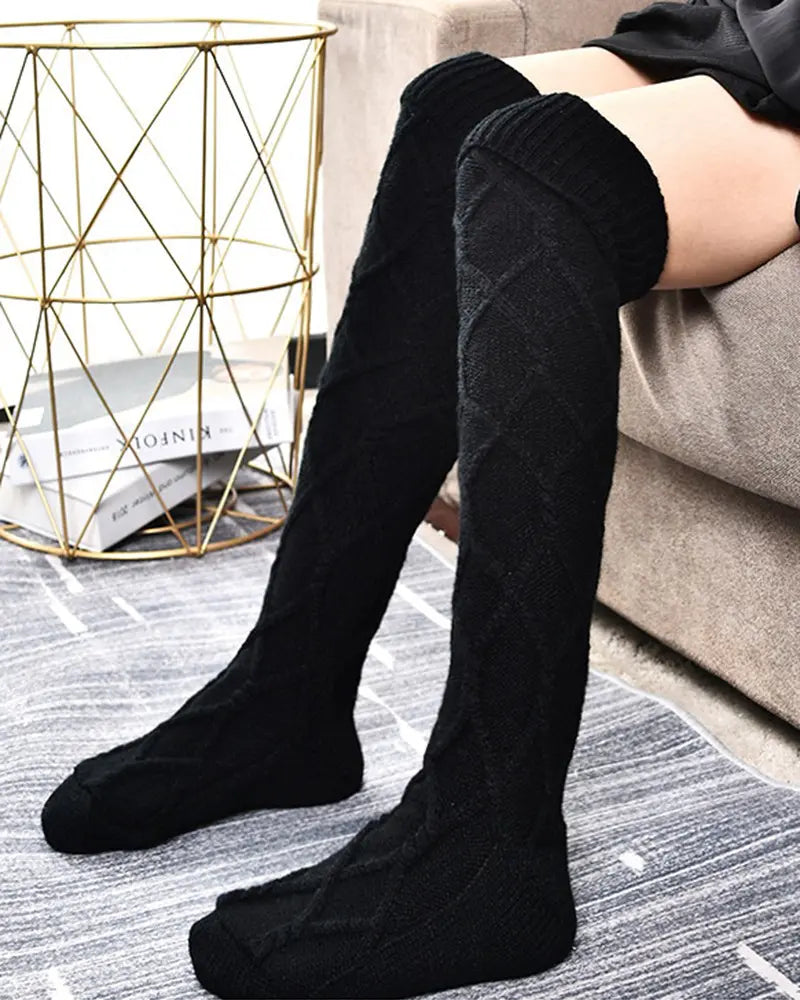 1Pair Braided Bowknot Decor Skinny Long Socks