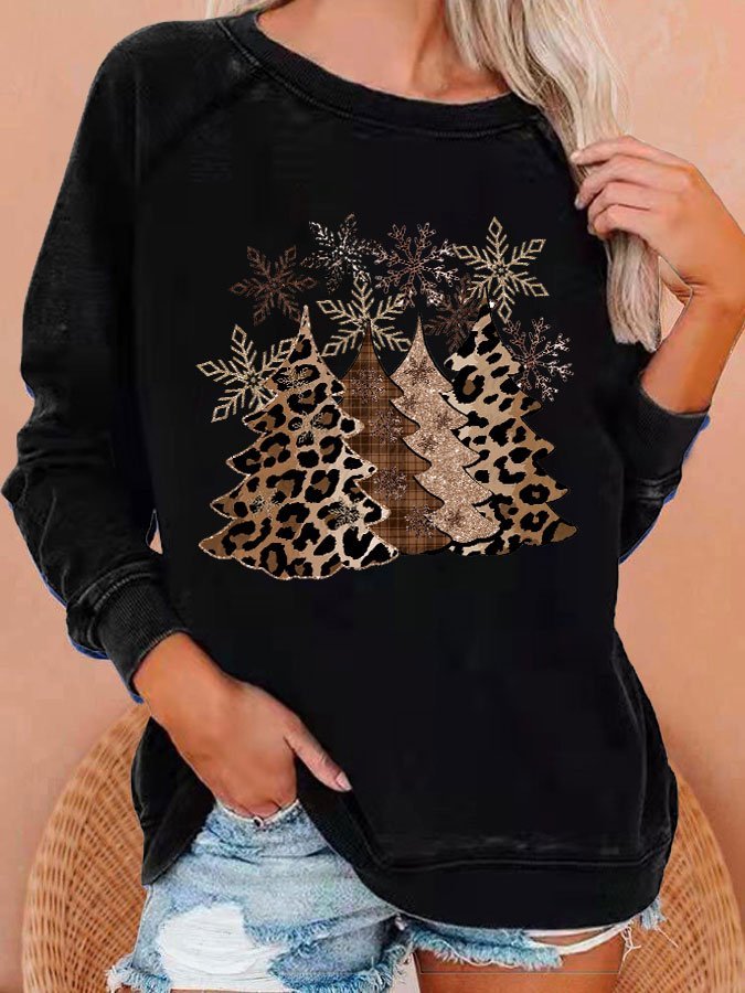 Women's Leopard Christmas Tree Print Casual Crewneck Sweatshirt