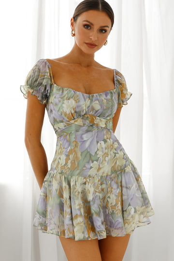 Charlotte Off-Shoulder Tie Back Fluted Hem Dress Floral Print Yellow