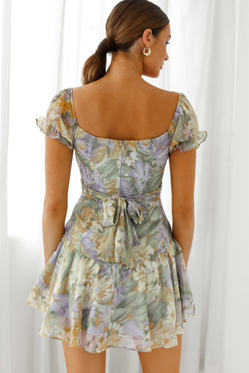Charlotte Off-Shoulder Tie Back Fluted Hem Dress Floral Print Yellow