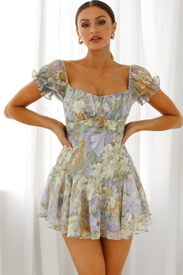 Charlotte Off-Shoulder Tie Back Fluted Hem Dress Floral Print Yellow