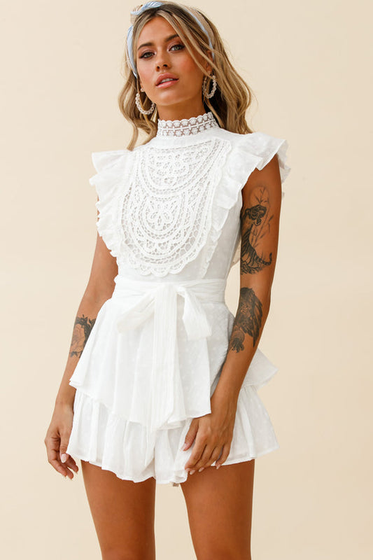 Charlotte Lace Bust High Neck Romper White