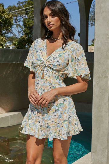 Charlotte Twisted Bust Mini Dress Floral Yellow