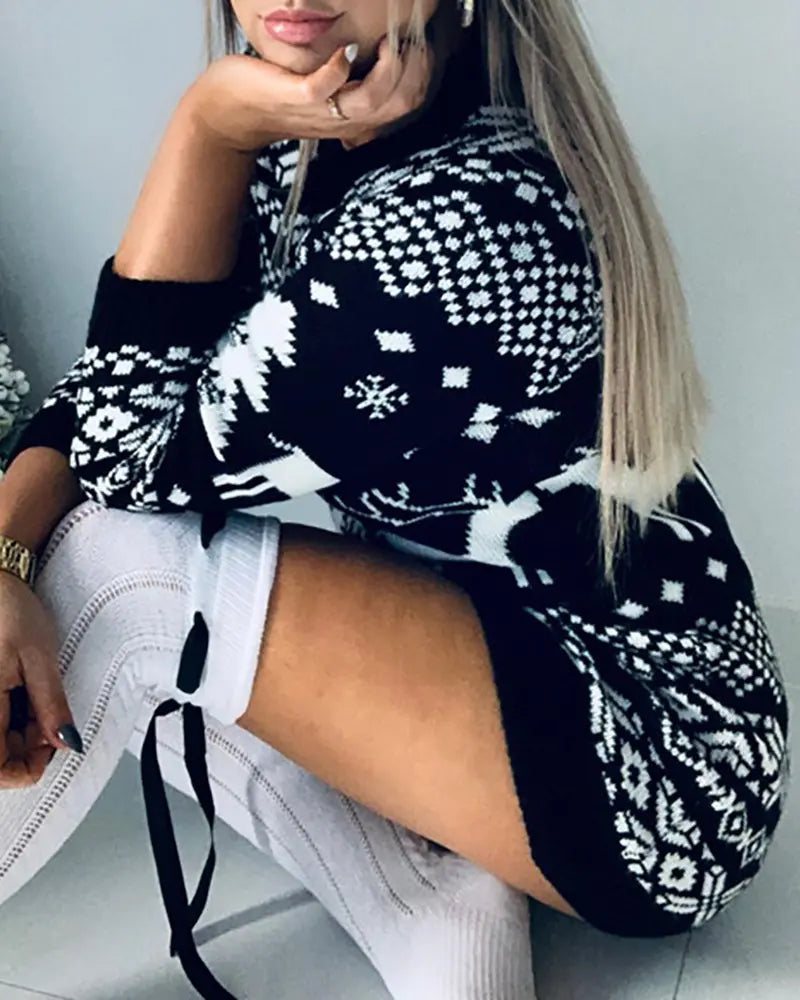 Christmas Reindeer Mixed Print Ugly Sweater Dress