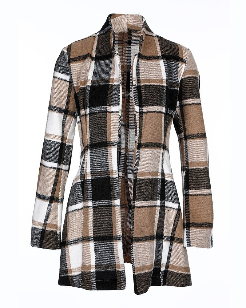 Women's Plaid Print Pocket Design Long Sleeve Casual Coat