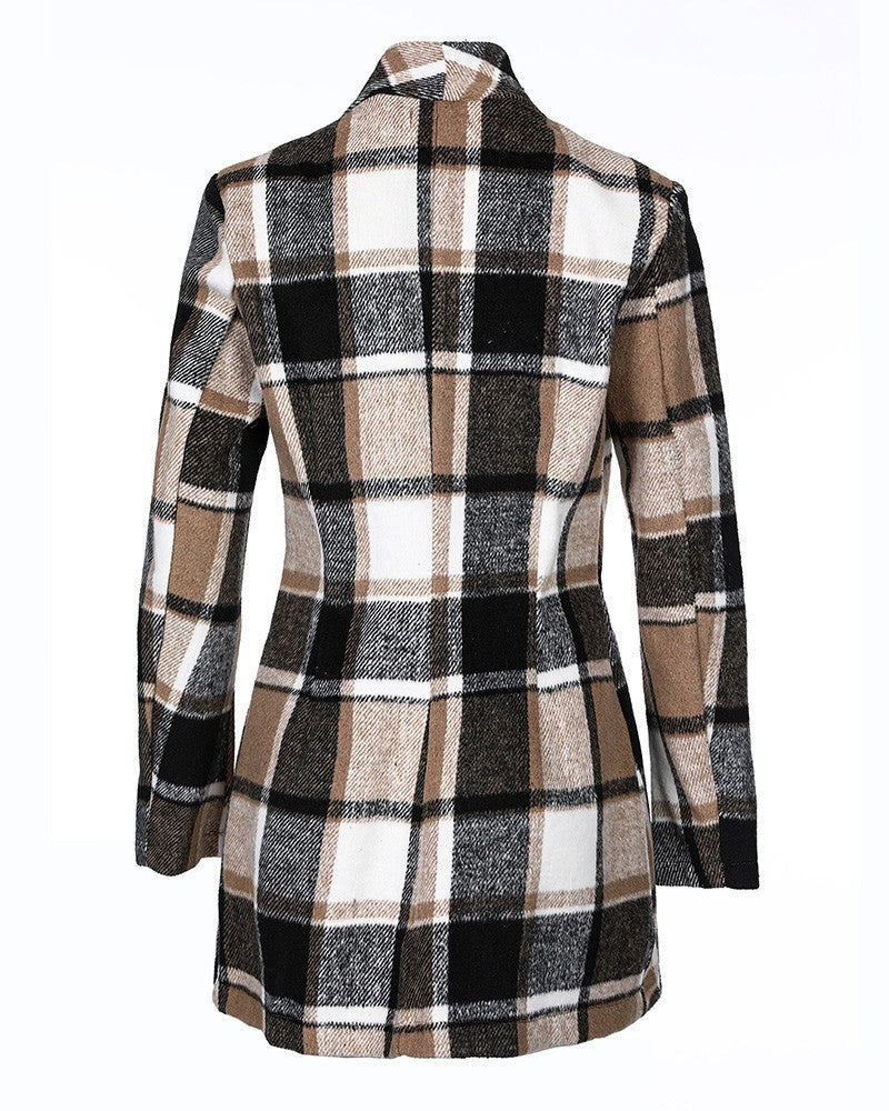 Women's Plaid Print Pocket Design Long Sleeve Casual Coat