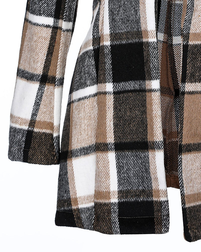 Women's Plaid Print Pocket Design Long Sleeve Casual Coat