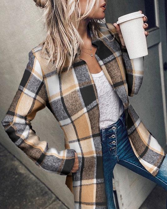 Women's Plaid Print Pocket Design Long Sleeve Casual Coat
