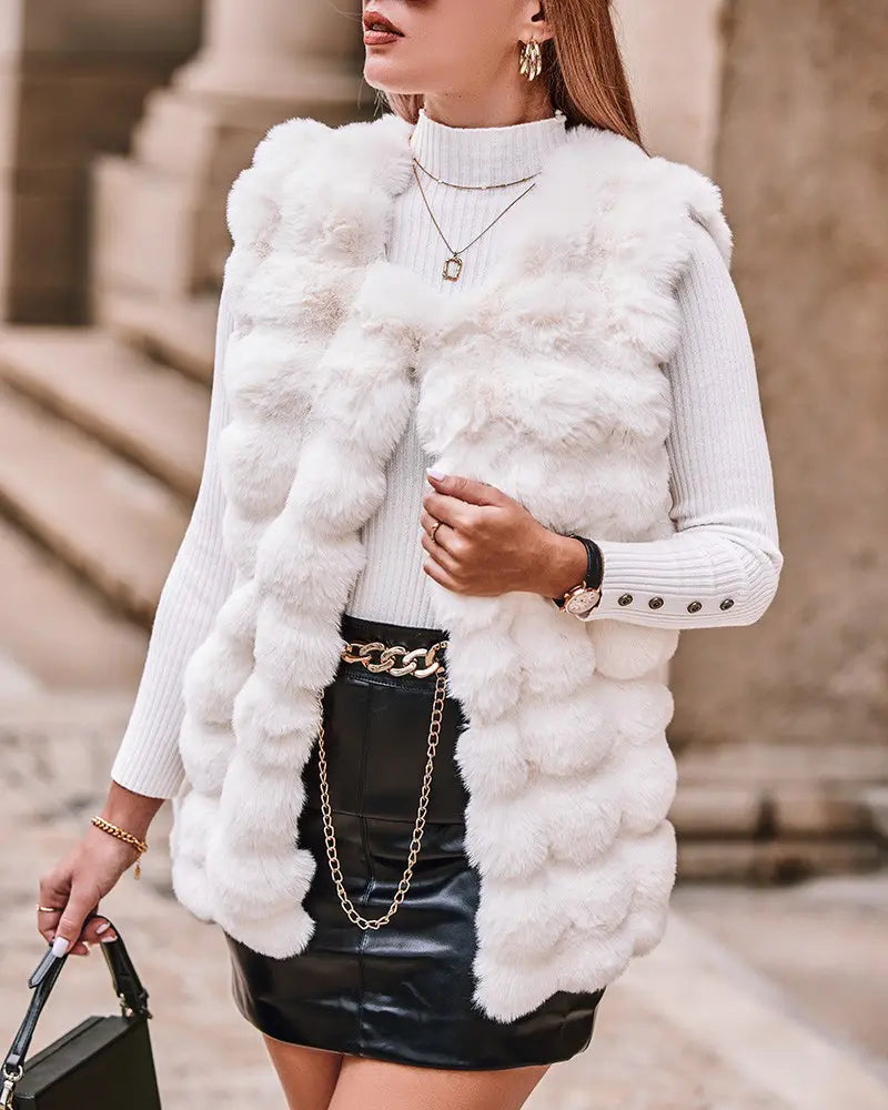 Women's Fashion Chic Faux Fur Fuzzy Vest Coat