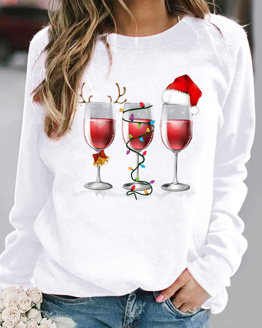 Christmas Hat Wine Glass Print Long Sleeve Top