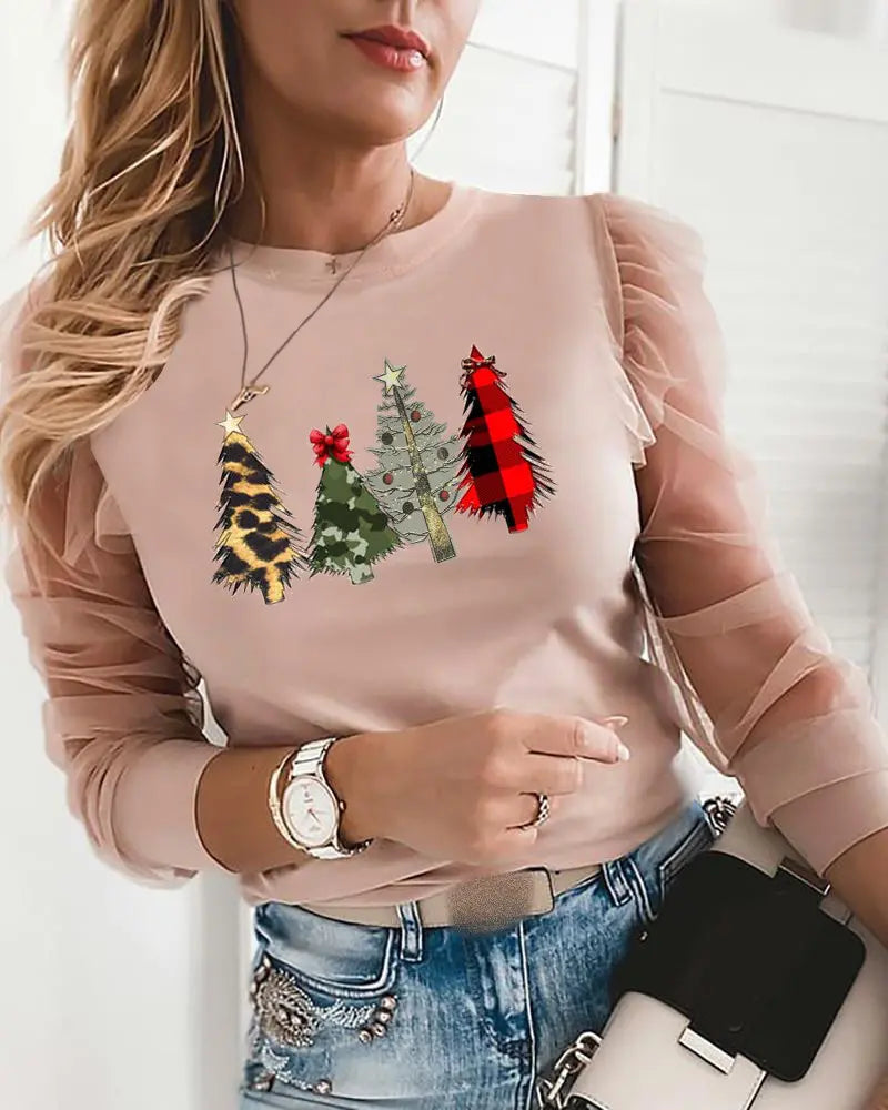 Christmas Tree Print Sheer Mesh Long Sleeve Top