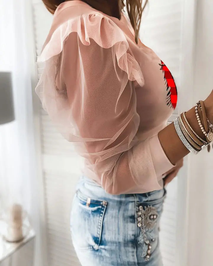 Christmas Tree Print Sheer Mesh Long Sleeve Top