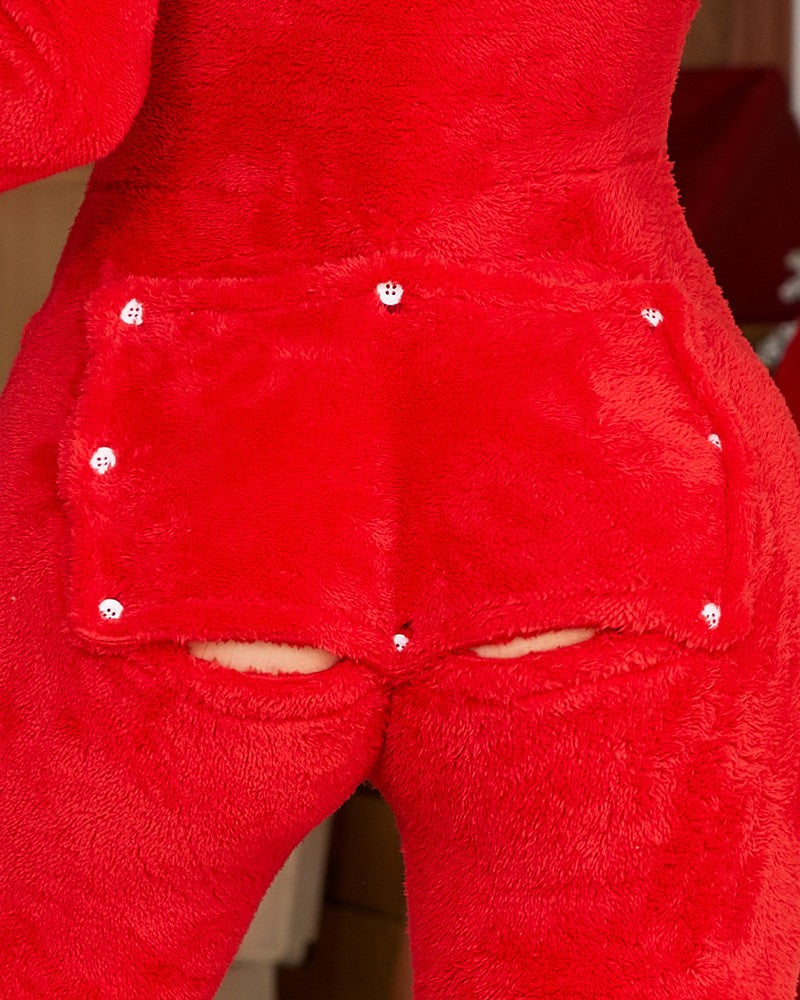 Christmas Functional Buttoned Flap Fluffy Hooded Adult Onesie