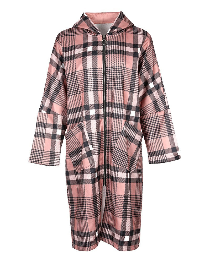 Women's Long Sleeve Plaid Print Zipper Design Hooded Coat