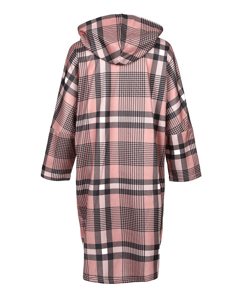 Women's Long Sleeve Plaid Print Zipper Design Hooded Coat