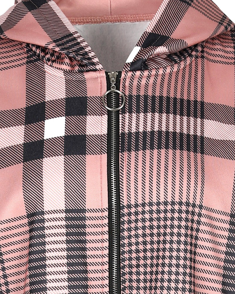 Women's Long Sleeve Plaid Print Zipper Design Hooded Coat