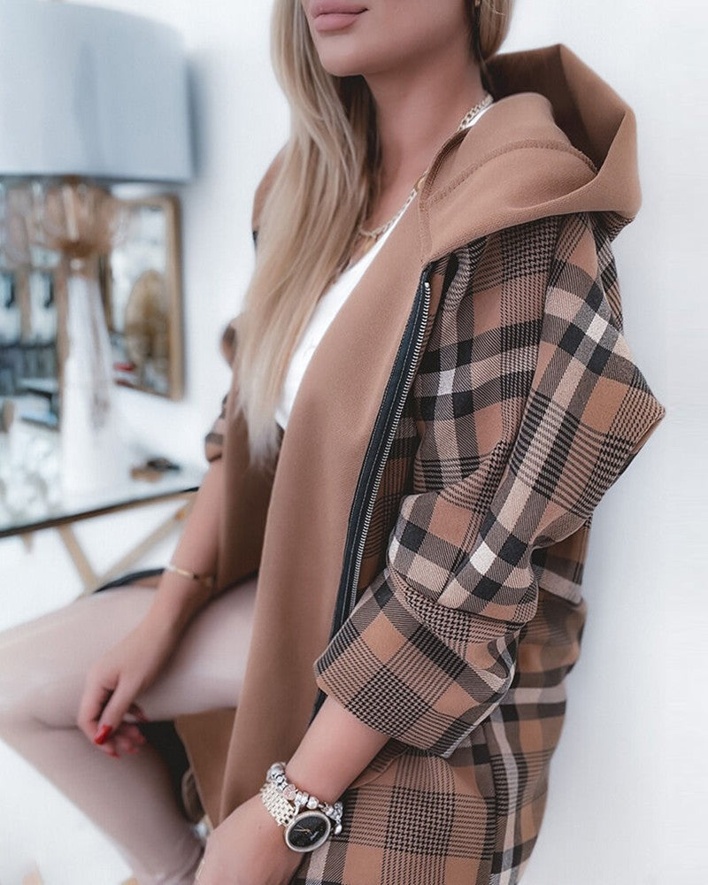 Women's Long Sleeve Plaid Print Zipper Design Hooded Coat