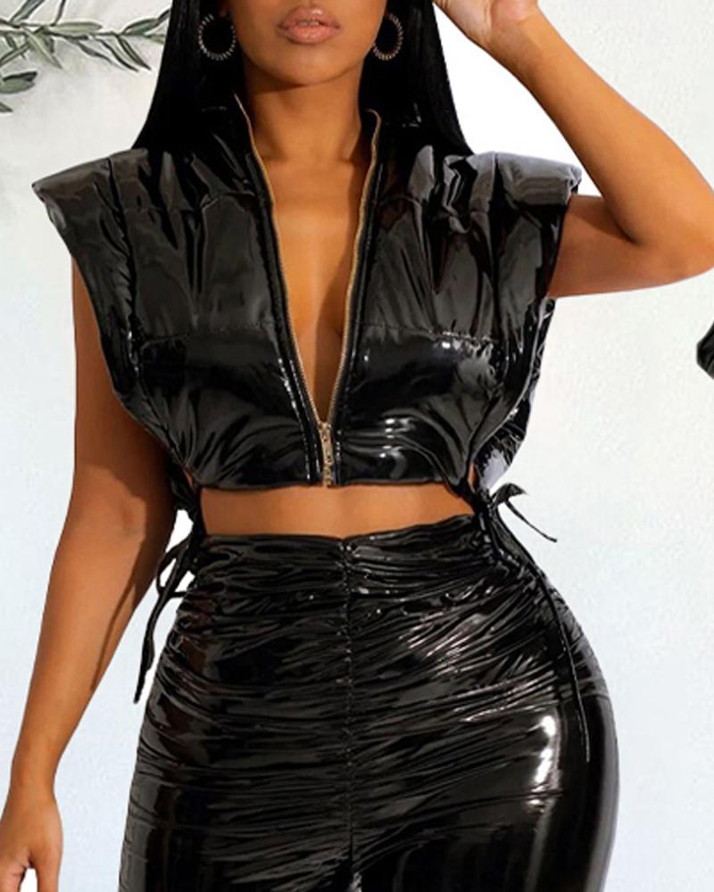 Women's Fashion PU Leather Zip Up Hooded Gilet Puffer Jacket