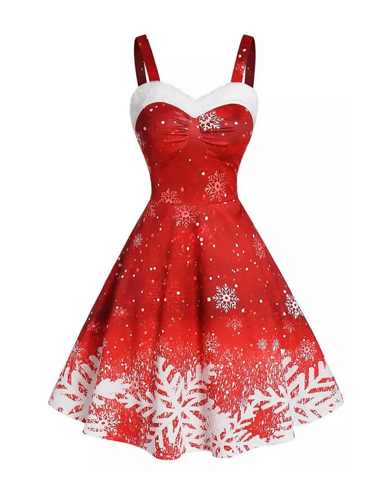 Christmas Snowflake Print Fuzzy Trim Dress Oversized