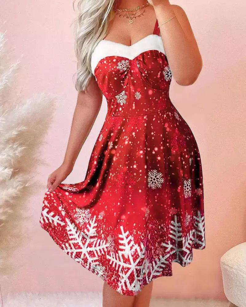 Christmas Snowflake Print Fuzzy Trim Dress Oversized