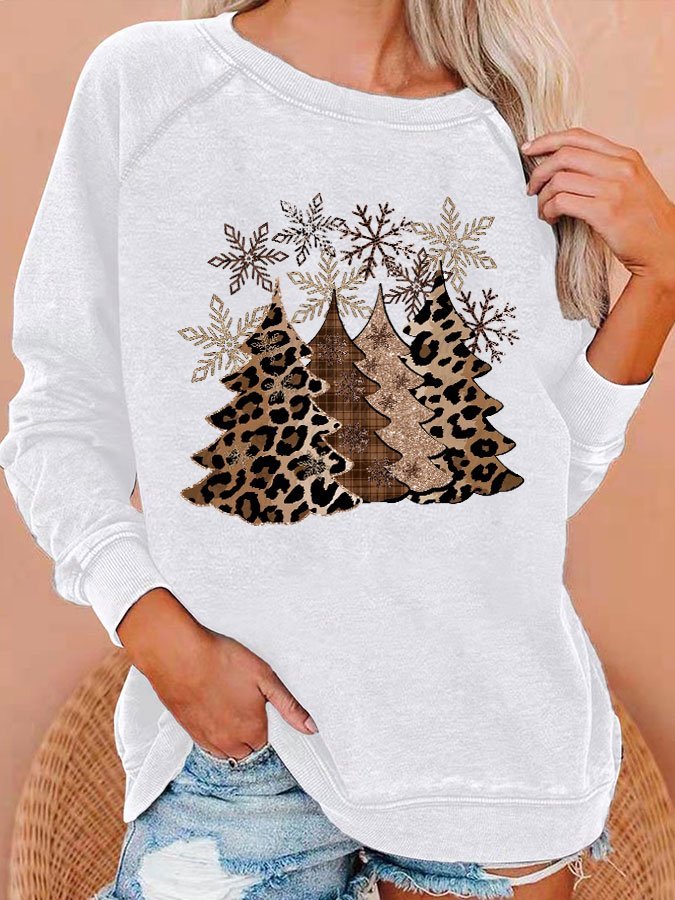 Women's Leopard Christmas Tree Print Casual Crewneck Sweatshirt