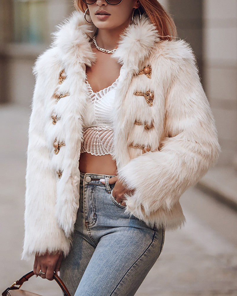 Women's Buttoned Long Sleeve Faux Fur Fluffy Coat