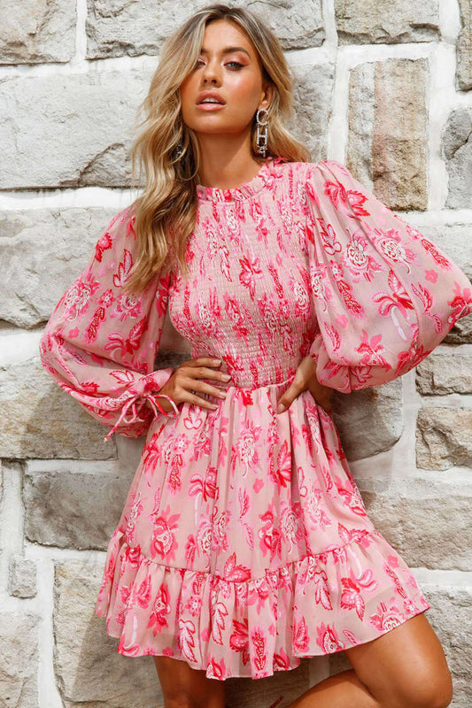 Charlotte Long Balloon Sleeve Shirred Dress Floral Print Pink