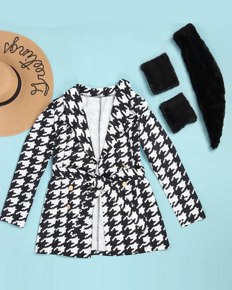 Plus Size Houndstooth Print Fuzzy Trim Double Breasted Coat