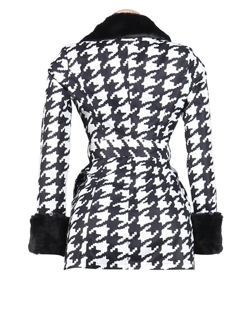 Plus Size Houndstooth Print Fuzzy Trim Double Breasted Coat