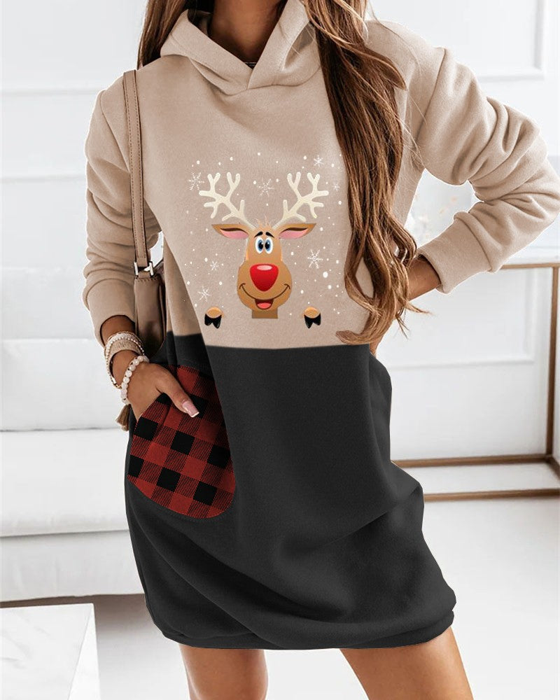 Christmas Deer Plaid Print Colorblock Hooded Sweatshirt Dress