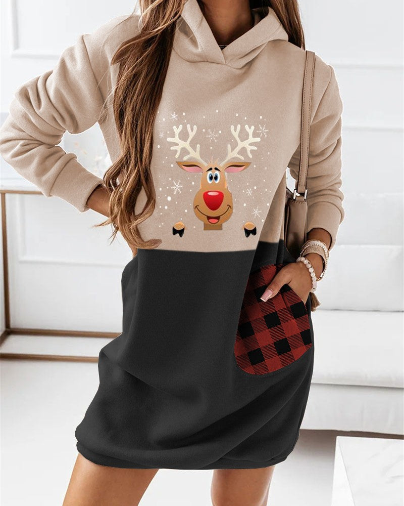 Christmas Deer Plaid Print Colorblock Hooded Sweatshirt Dress