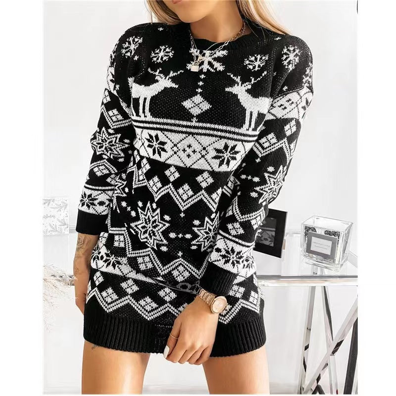 Christmas Snowflake Elk Pattern Sweater Dress