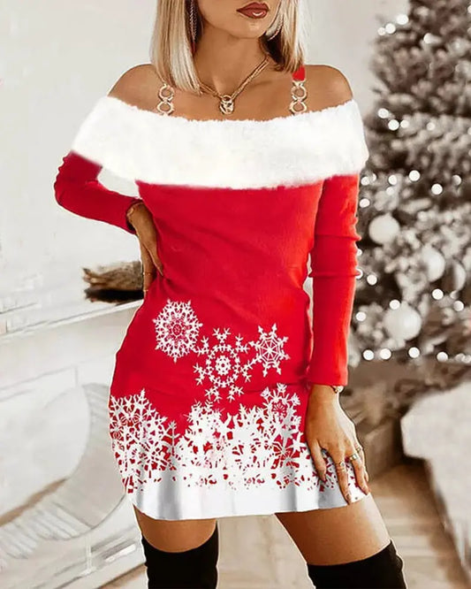 Christmas Snowflake Print Fuzzy Trim Cold Shoulder Dress