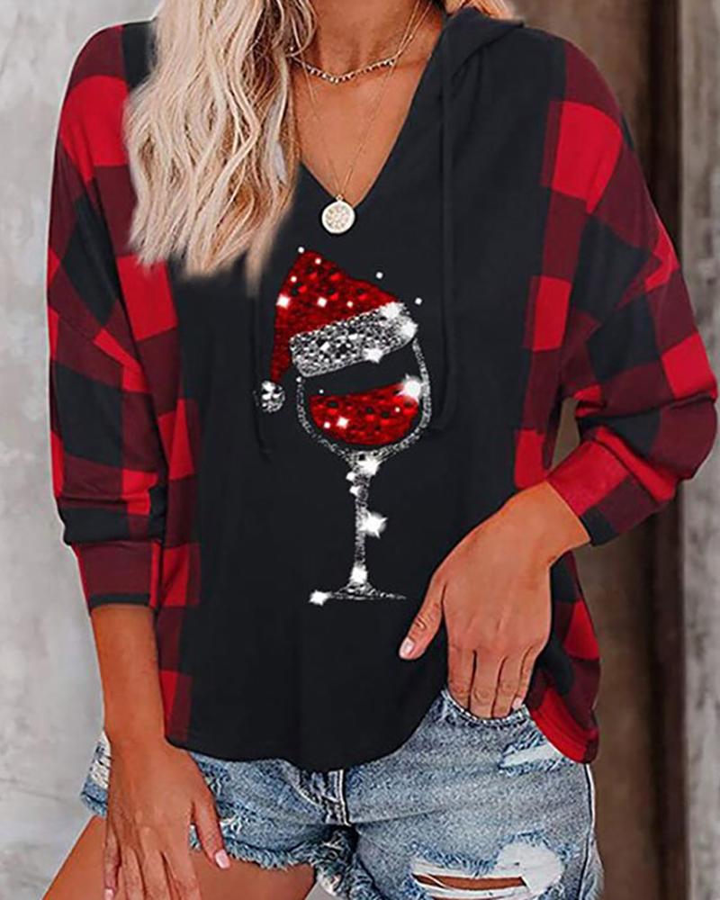 Christmas Women's Stylish Wine Glass Plaid Long Sleeve Hoodies